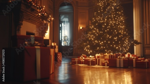 Cozy Christmas Scene with Beautifully Decorated Tree, Warm Lights, Festive Decorations, and Plenty of Gift Boxes in an Elegant Interior Setting