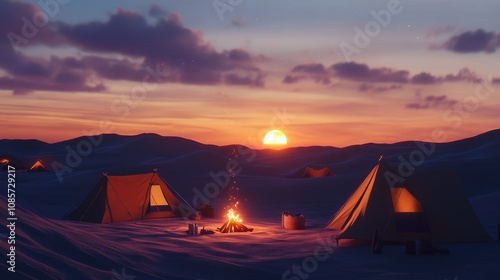 Serene Desert Campsite at Dusk with Flickering Campfire and Vibrant Sunset, Showcasing Tents and Tranquil Sand Dunes Under a Colorful Sky