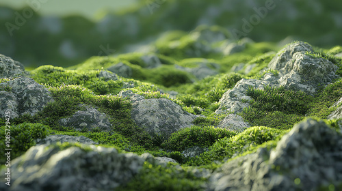 Close-up view of vibrant moss covering weathered rocks in a serene natural landscape during daylight photo