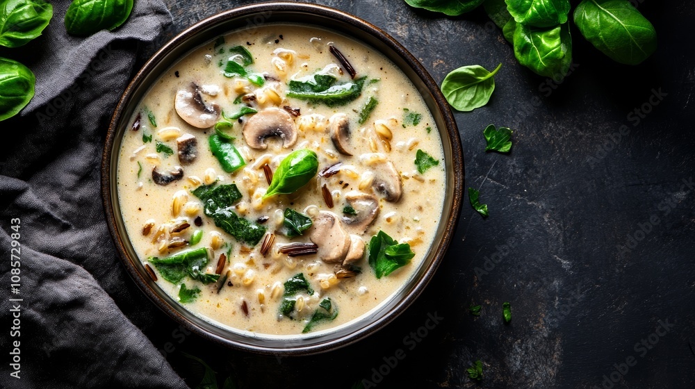 Creamy Wild Rice Soup with Fresh Herbs in Rustic Bowl on Dark Table Creamy Wild Rice Soup with Fresh Herbs in Rustic Bowl on Dark Table
