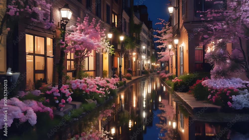 Naklejka premium Blooming Pink Flowers by the Riverside at Night