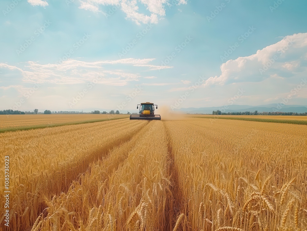 golden fields of ripe wheat swaying gently in the breeze, a combine harvester actively reaping the harvest under a bright blue sky, showcasing the beauty of agriculture golden fields of ripe wheat swaying gently in the breeze, a combine harvester actively reaping the harvest under a bright blue sky, showcasing the beauty of agriculture