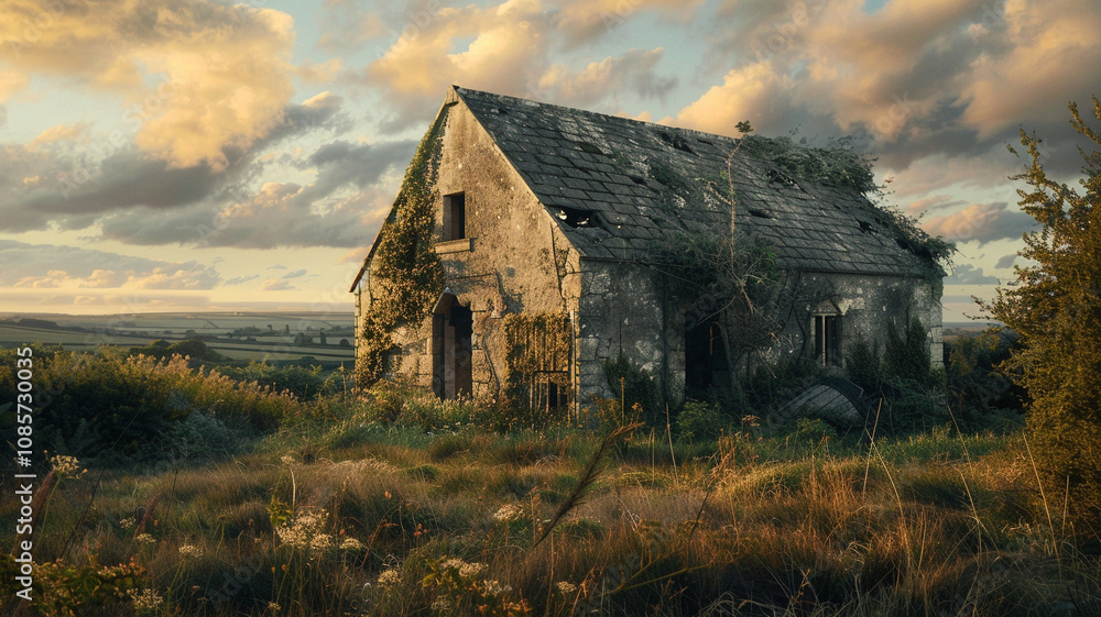 Obraz premium Forgotten Barn in the Countryside: A photograph of an old barn in ruins, surrounded by tall grass and weeds, evoking the passage of time and the decline of rural life.