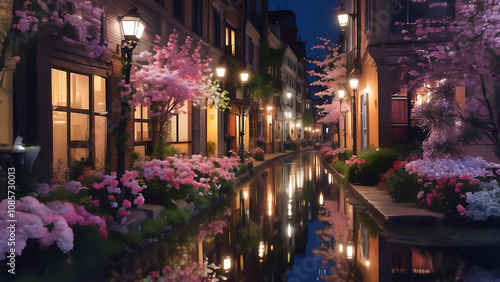 Blooming Pink Flowers by the Riverside at Night