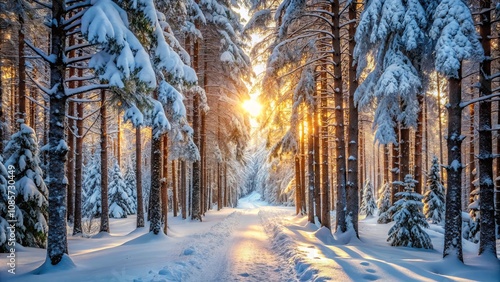 A sunlit path through a snow-covered winter forest, with golden light illuminating the trees and a peaceful, serene atmosphere