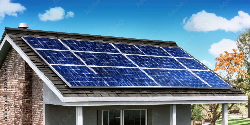 Naklejka premium Bright and Clear Day with Solar Panels on Roof of Modern House Surrounded by Lush Greenery and Blue Sky with Fluffy White Clouds Adding to Sustainable Energy Concept