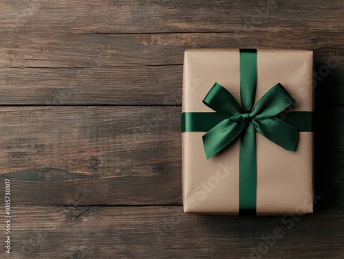 christmas gift concept. Minimalist Christmas gift wrapped in brown paper with a green ribbon, placed on a rustic wooden surface, Brown paper gift with green ribbon on rustic wood, Simple and charming photo