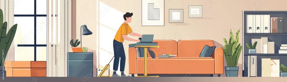 A person working on a laptop in a stylish living room, featuring an orange couch, plants, and shelves, creating a cozy and modern atmosphere. A person working on a laptop in a stylish living room, featuring an orange couch, plants, and shelves, creating a cozy and modern atmosphere.
