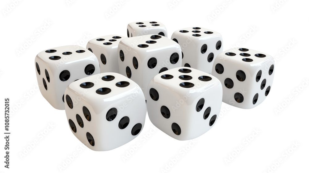 A collection of white dice arranged in a dynamic manner, showcasing various numbers for games and creative projects.,Transparent background A collection of white dice arranged in a dynamic manner, showcasing various numbers for games and creative projects.,Transparent background
