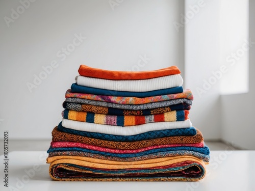 stack of colorful woven fabrics textile clothes. photo