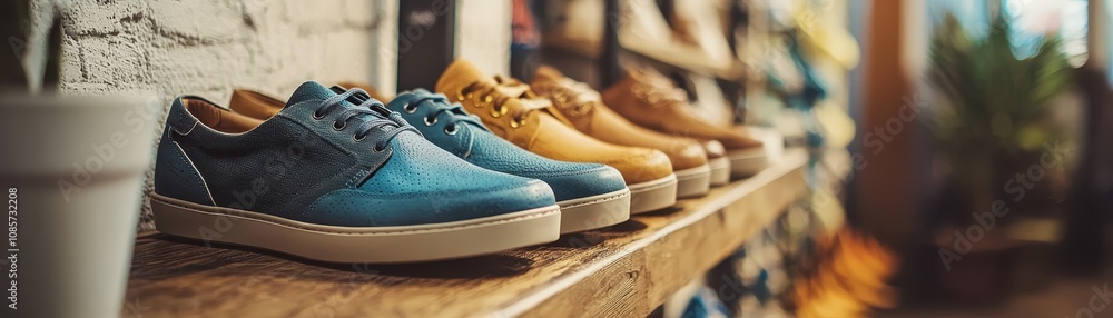 Colorful shoes displayed on a wooden shelf in a cozy store, showcasing a variety of styles and textures. Colorful shoes displayed on a wooden shelf in a cozy store, showcasing a variety of styles and textures.