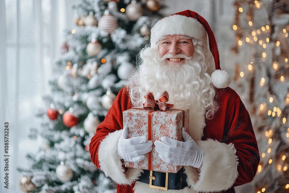 Cheerful santa claus with a gift in front of a festively decorated christmas tree Cheerful santa claus with a gift in front of a festively decorated christmas tree