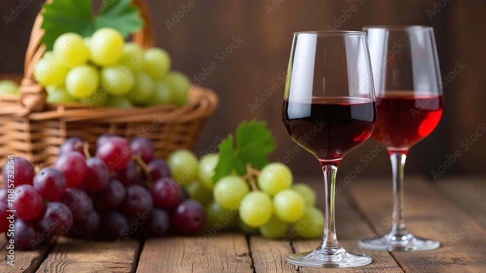 Rustic wine-themed setting two wine glasses red white grapes wooden table Rustic wine-themed setting two wine glasses red white grapes wooden table