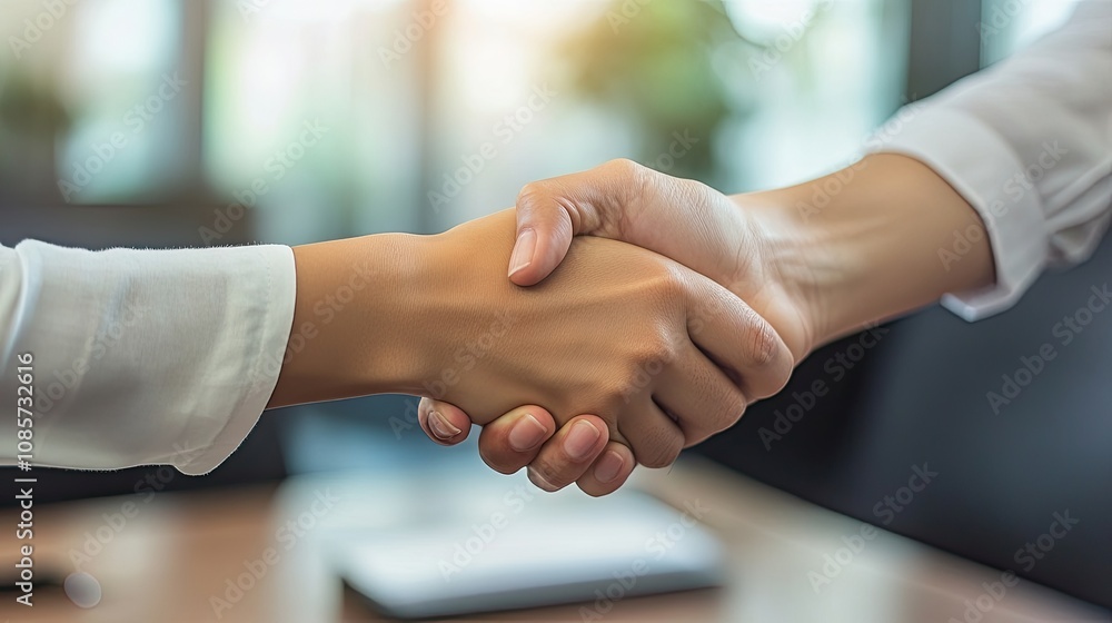 Photo of business people shaking hands during meeting in office. Recruitment concept. Photo of business people shaking hands during meeting in office. Recruitment concept.