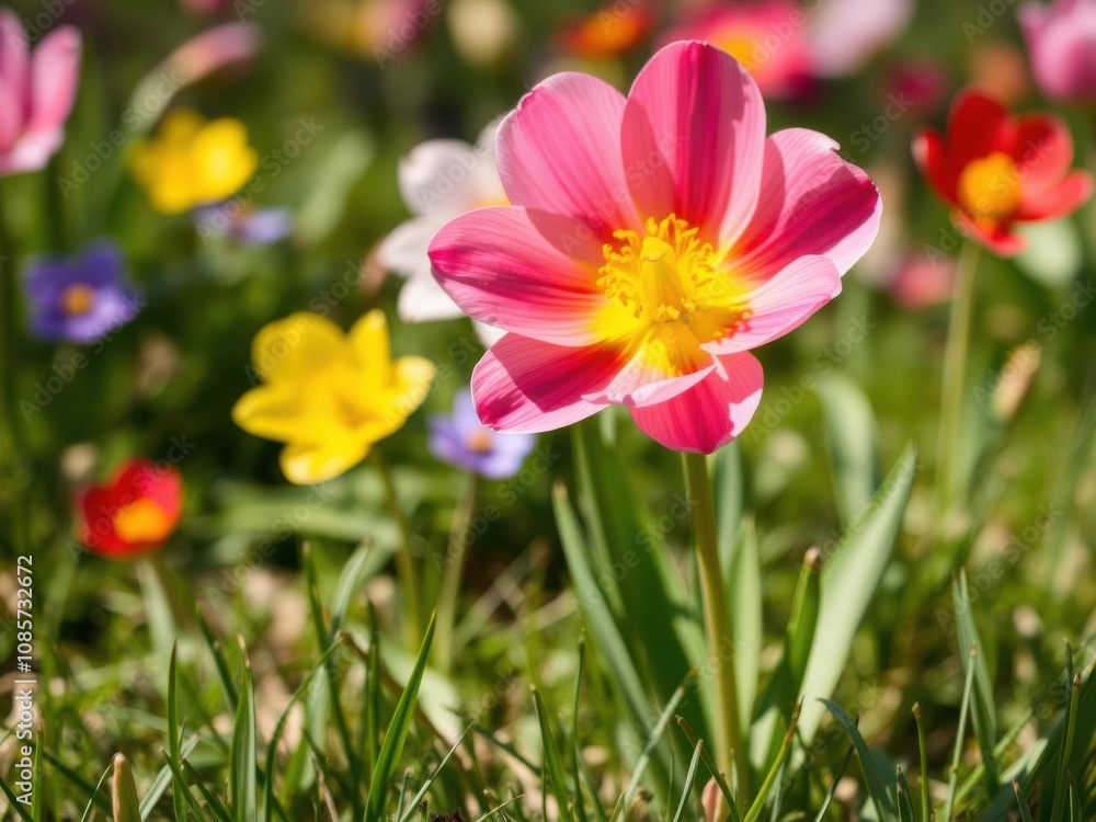 Close-up of a vibrant blooming flower in a field of lush green grass under the warm sun of spring, bloom, nature, flora Close-up of a vibrant blooming flower in a field of lush green grass under the warm sun of spring, bloom, nature, flora