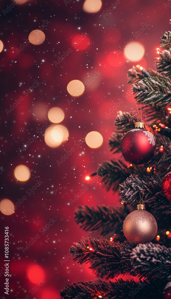 Festive christmas tree adorned with ornaments and bokeh lights against a vibrant red backdrop Festive christmas tree adorned with ornaments and bokeh lights against a vibrant red backdrop