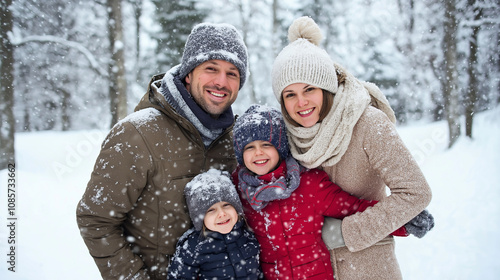 Cheerful family bundled up in winter clothes, posing together outdoors in a snowy forest. Perfect for themes around family bonding, winter holidays, and seasonal outdoor fun.family