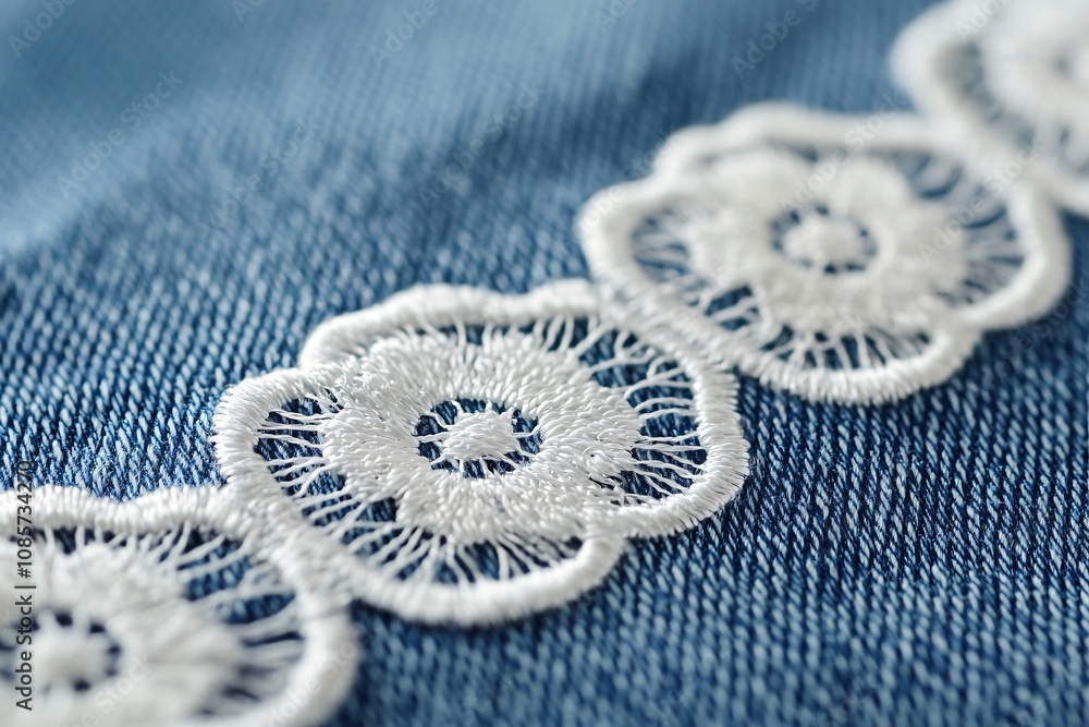 Close up of Delicate White Lace on Denim Fabric Close up of Delicate White Lace on Denim Fabric