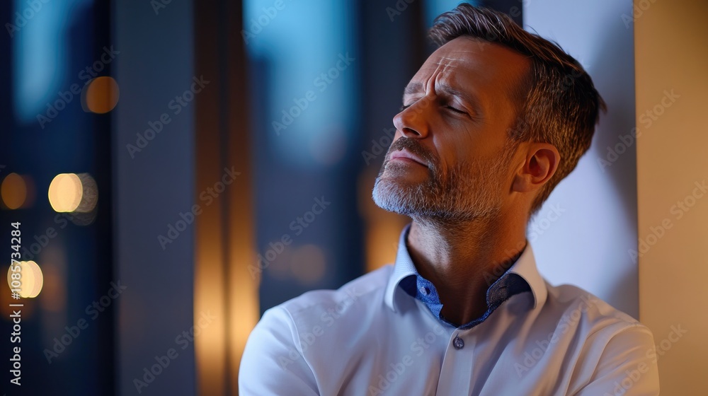 Obraz premium Photo of an adult businessman with neck pain from fatigue, exhaustion and muscle tension.