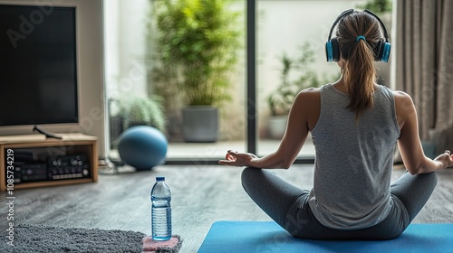 Photo of woman and drinking water, yoga and podcast in living room at home. Headphones, audio streaming and relaxing in living room at home.