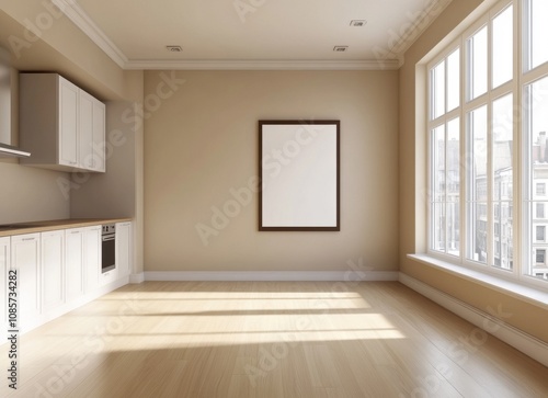 white kitchen with light wood floors, large windows on the right side, and cabinets in soft beige tones