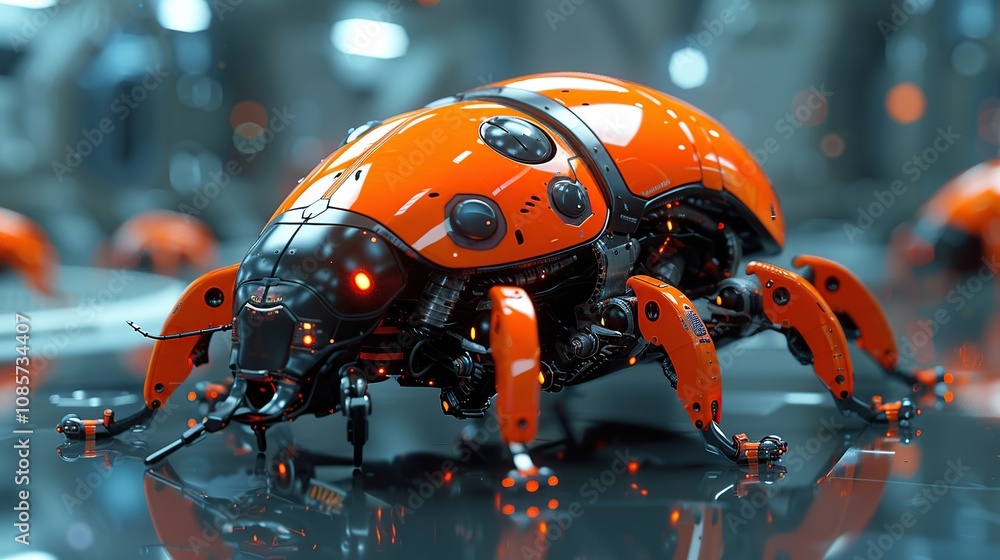 A close-up of a futuristic, orange, robotic ladybug with black accents and glowing red lights. A close-up of a futuristic, orange, robotic ladybug with black accents and glowing red lights.
