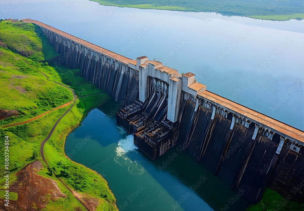 Aerial View of a Majestic Dam Surrounded by Lush Greenery and Tranquil Waters, Showcasing Modern Engineering and Nature's Beauty at Its Finest Aerial View of a Majestic Dam Surrounded by Lush Greenery and Tranquil Waters, Showcasing Modern Engineering and Nature's Beauty at Its Finest