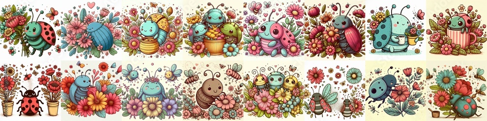 Obraz premium Cartoon bugs and flowers. AI generated illustration