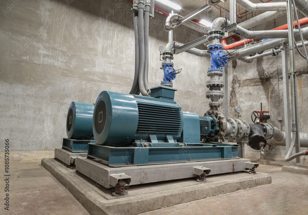 Cold water pump of Condominium. Large blue water pumps motor and pipeline to deliver cooling water supply system into production process, Space for text, Selective focus.