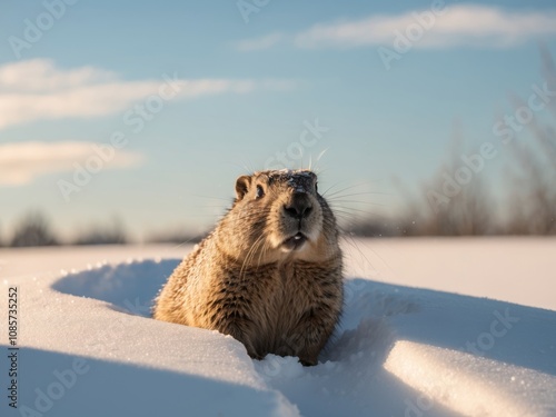 Groundhog is emerging from a snowdrift on a sunny winter day. photo