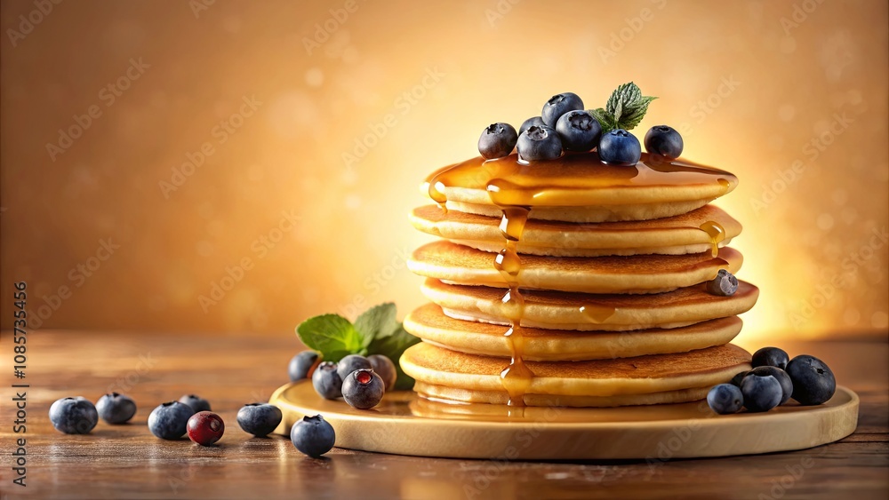 A Delicious Stack of Buttery Pancakes Topped with Sweet Berries and Drizzled with Golden Syrup A Delicious Stack of Buttery Pancakes Topped with Sweet Berries and Drizzled with Golden Syrup
