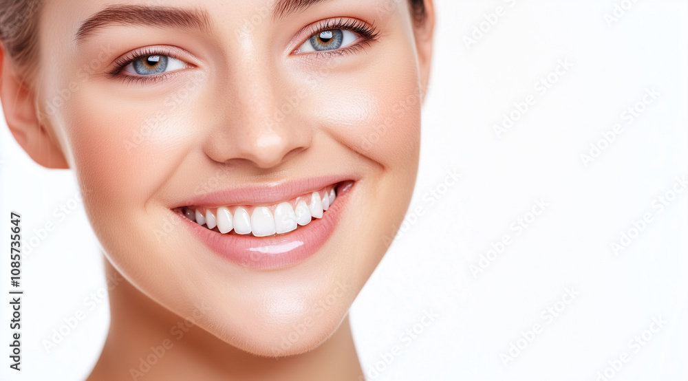 Portrait of a happy woman with a perfect smile, symbolizing dental care and natural beauty.happy woman, perfect smile, dental care, natural beauty, clean white background, healthy Portrait of a happy woman with a perfect smile, symbolizing dental care and natural beauty.happy woman, perfect smile, dental care, natural beauty, clean white background, healthy