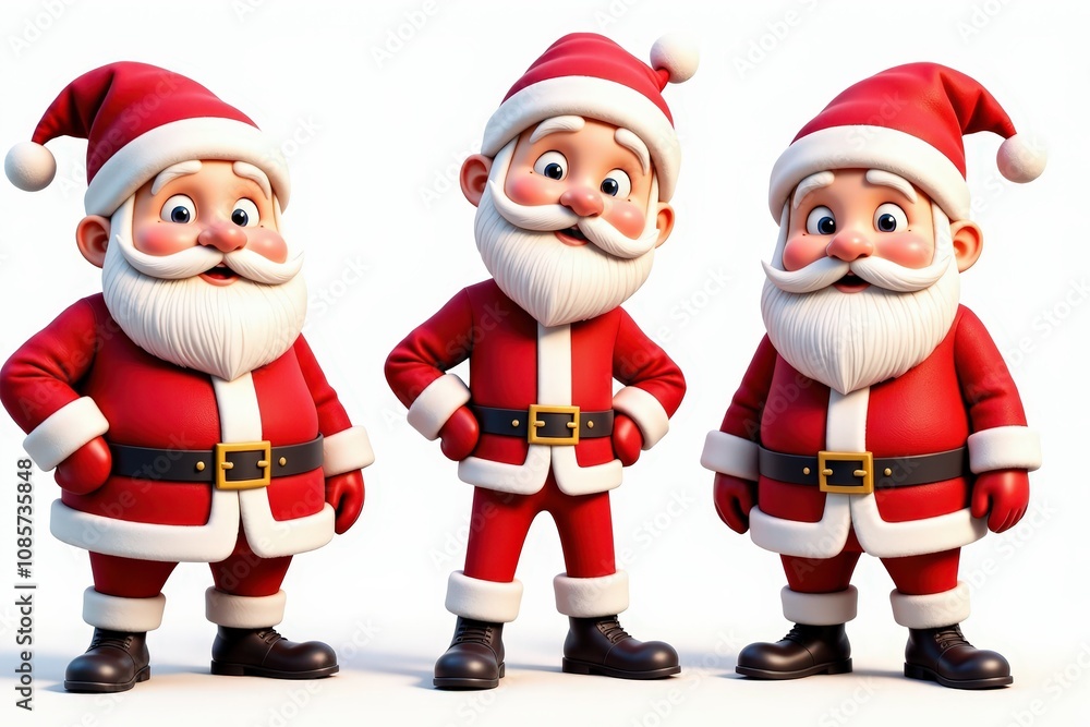 Three cheerful cartoon santas in red suits and hats on a white background. Three cheerful cartoon santas in red suits and hats on a white background.