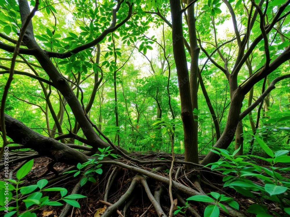 Lush green forest with thick foliage and tall trees providing shade, growth, green, wood Lush green forest with thick foliage and tall trees providing shade, growth, green, wood