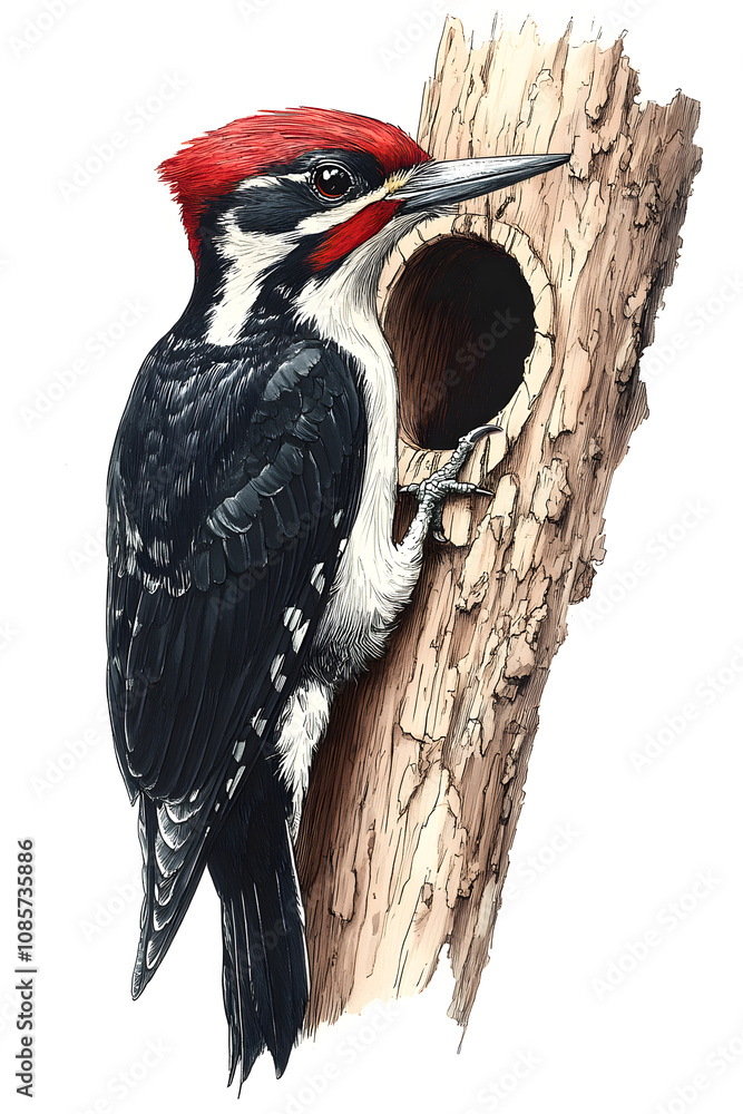 Fototapeta premium Drawing with woodpecker. Colorful bird illustration.