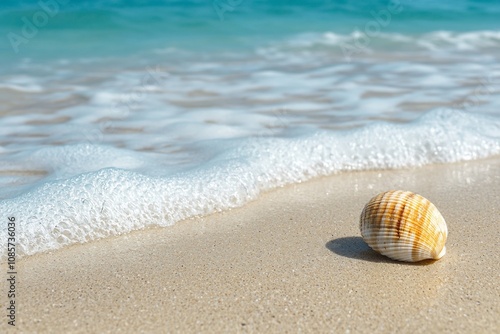 Serene Beach Scene with a Shell and Gentle Waves photo