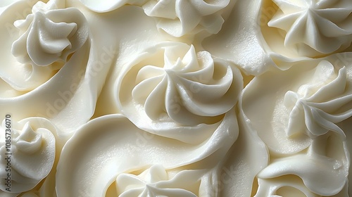 Close-up of rich, creamy white frosting swirls, creating an elegant and indulgent texture that adds a luxurious feel to desserts.