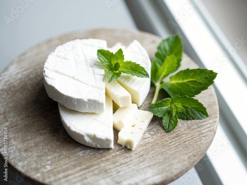 Fresh cheese on a wooden board with mint leaves. photo