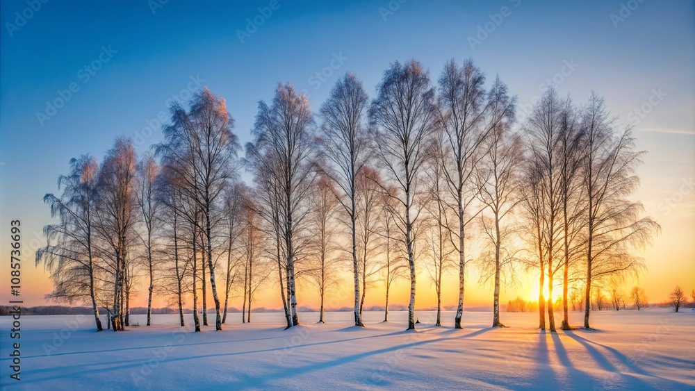 Serene winter sunrise illuminating a row of bare trees in a snow-covered field Serene winter sunrise illuminating a row of bare trees in a snow-covered field