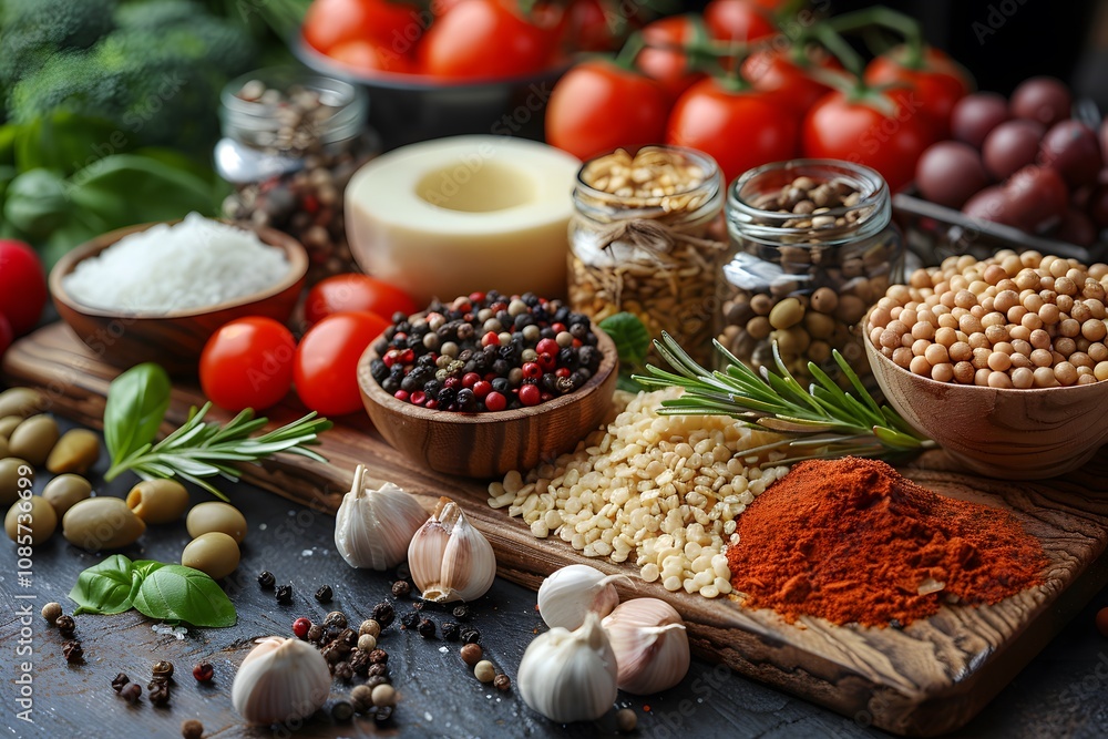 Rustic Italian Cuisine Ingredients on Wooden Table with Herbs and Spices for Authentic Cooking Rustic Italian Cuisine Ingredients on Wooden Table with Herbs and Spices for Authentic Cooking