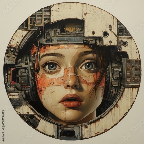Futuristic portrait of a young woman with tech elements urban setting digital art surreal environment close-up perspective innovation theme