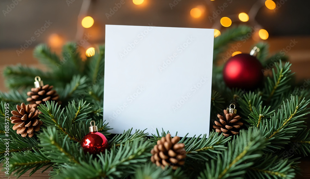 A blank white card among pine branches and Christmas decorations during the festive holiday season