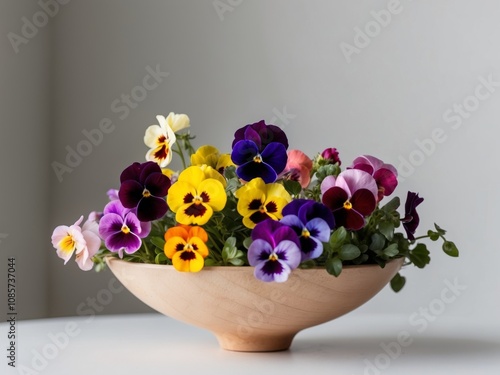 Colorful pansies in wooden bowl burst of spring colors. photo