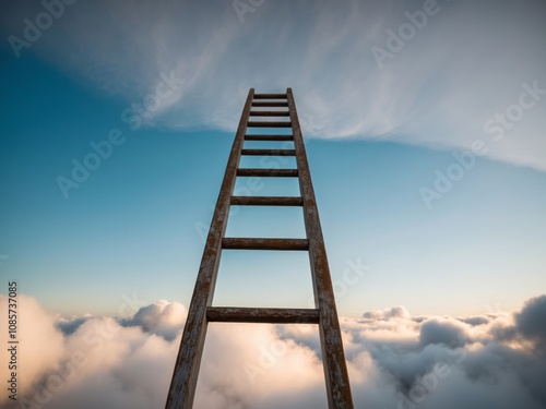 A whimsical wooden ladder ascending through fluffy clouds at dawn. photo