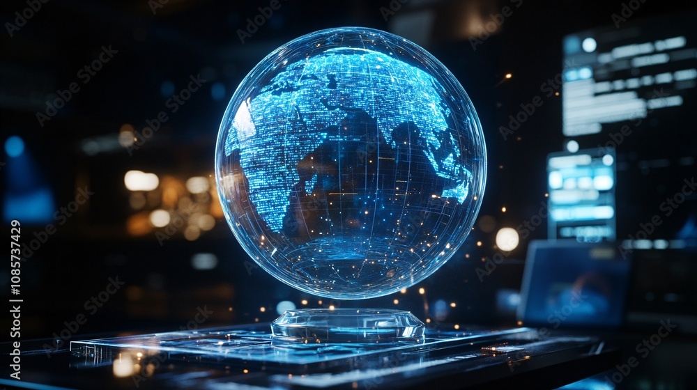Stunning 3D Holographic Globe Display with Bright Blue Lights and Digital Data Representing Global Connectivity and Technology Innovations Stunning 3D Holographic Globe Display with Bright Blue Lights and Digital Data Representing Global Connectivity and Technology Innovations