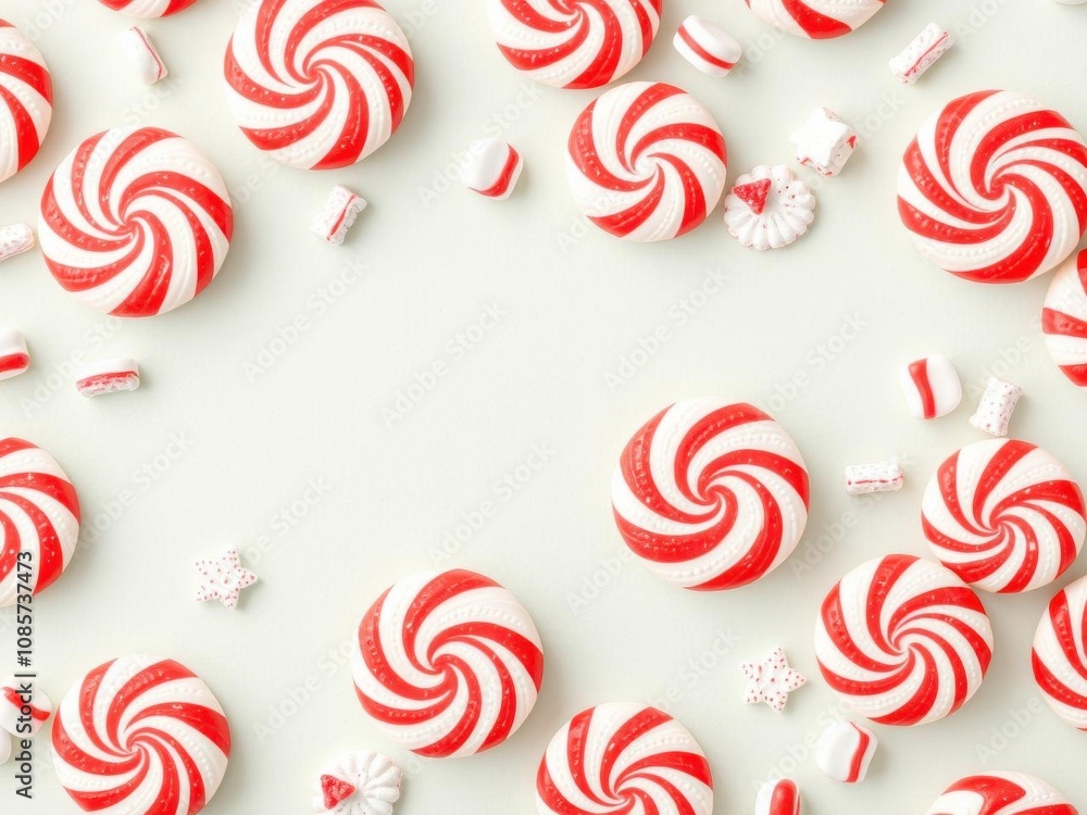 Peppermint candies on a vibrant red background, dessert, peppermint, seasonal Peppermint candies on a vibrant red background, dessert, peppermint, seasonal