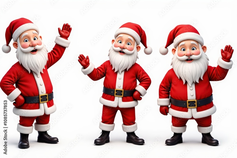 Three jolly santa clauses waving in classic red suits on a white background. Three jolly santa clauses waving in classic red suits on a white background.