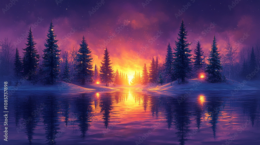 Fototapeta premium magical forest filled with Christmas trees adorned with glowing lights. The scene evokes warmth, holiday spirit, and wonder, symbolizing hope, peace, and the enchantment of the festive season