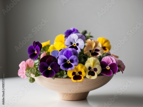 Wallpaper Mural Colorful pansies in wooden bowl burst of spring colors. Torontodigital.ca