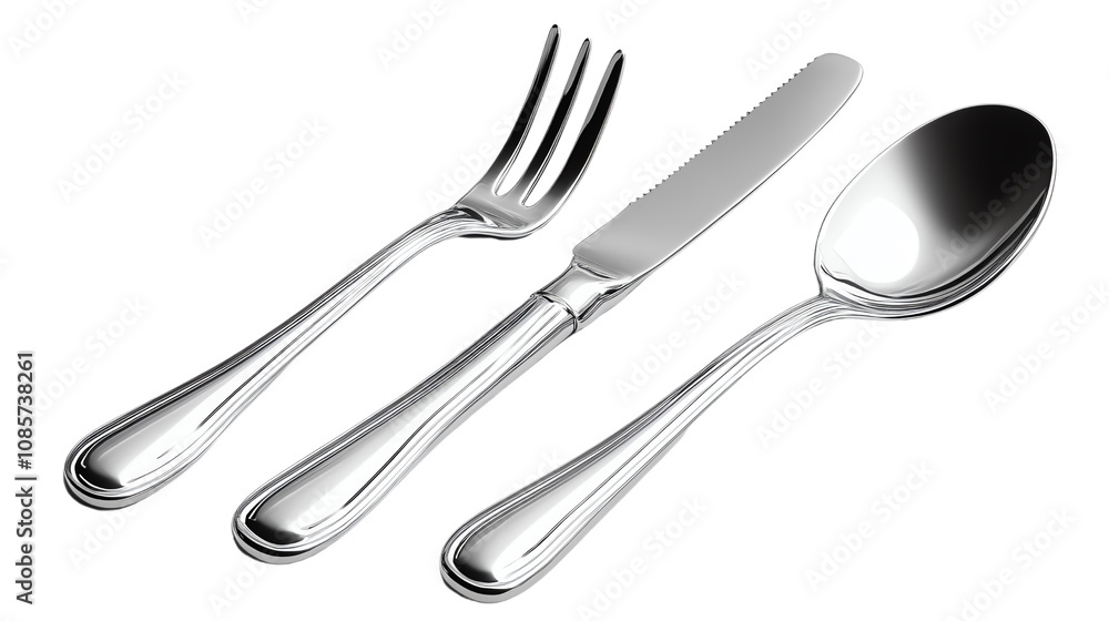 A polished silver cutlery set including a knife, fork, and spoon, ideal for elegant dining settings and culinary presentations.,Transparent background A polished silver cutlery set including a knife, fork, and spoon, ideal for elegant dining settings and culinary presentations.,Transparent background